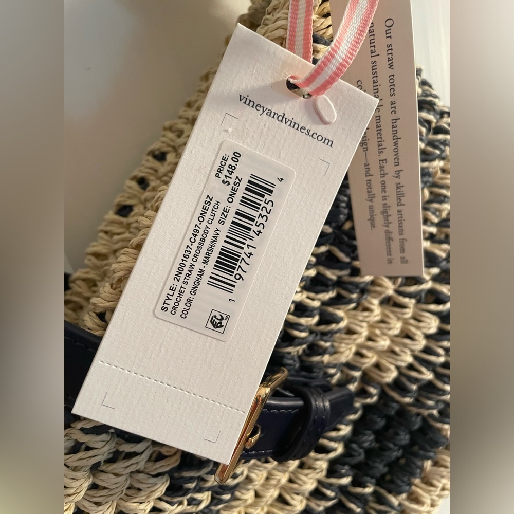 Vineyard Vines 🐳 Navy Checkered Straw Crossbody or Clutch Bag - Picture 7 of 11